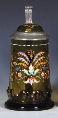Glass stein, .5L, blown, amber, glass prunts, hand-painted, floral, matching glass inlaid lid, mint.