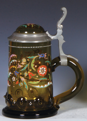 Glass stein, .5L, blown, amber, glass prunts, hand-painted, floral, matching glass inlaid lid, mint. - 2