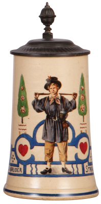 Stoneware stein, .5L, transfer & hand-painted, Servus Bruder Straubinger, pewter lid, missing center hinge ring, works well, body mint.