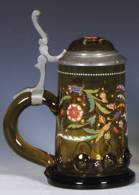 Glass stein, .5L, blown, amber, glass prunts, hand-painted, floral, matching glass inlaid lid, mint. - 3