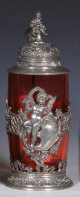 Glass stein, .5L, blown, orange, pewter overlay: cupid, pewter lid & base, mint. 