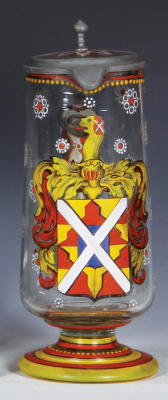 Glass stein, 1.0L, 9.6" ht., blown, c.1870, clear, hand-painted, coat-of-arms, matching glass inlaid lid, 2 mm. inlay flake, body mint.