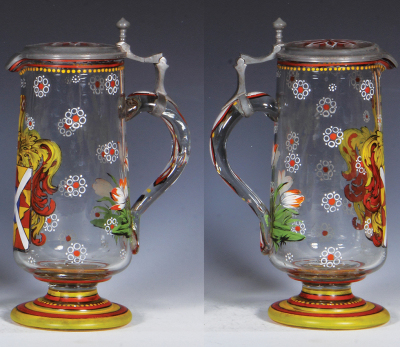 Glass stein, 1.0L, 9.6" ht., blown, c.1870, clear, hand-painted, coat-of-arms, matching glass inlaid lid, 2 mm. inlay flake, body mint. - 2