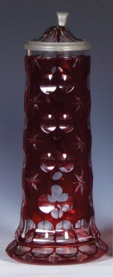 Glass stein, .5L, blown, cut, ruby flashed, glass inlaid lid, mint.