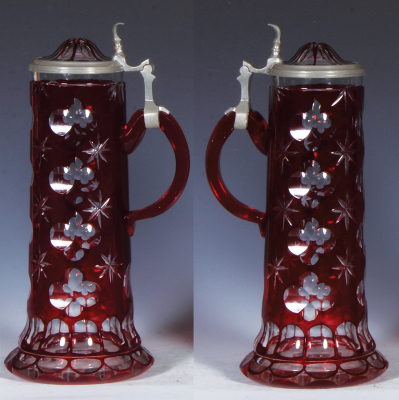 Glass stein, .5L, blown, cut, ruby flashed, glass inlaid lid, mint. - 2