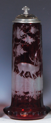 Glass stein, .5L, ruby flashed, faceted, cut & wheel-engraved, stag, clear glass inlaid lid, pewter strap repaired, body mint.