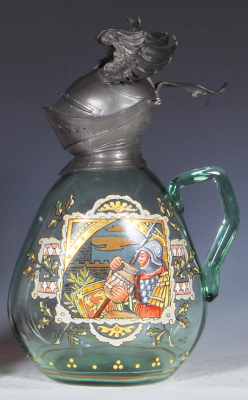 Glass stein, 11.6" ht., blown, amber, by August v. Hauten, hand-painted, winged helmet pewter lid, mint.
