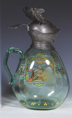 Glass stein, 11.6" ht., blown, amber, by August v. Hauten, hand-painted, winged helmet pewter lid, mint. - 2