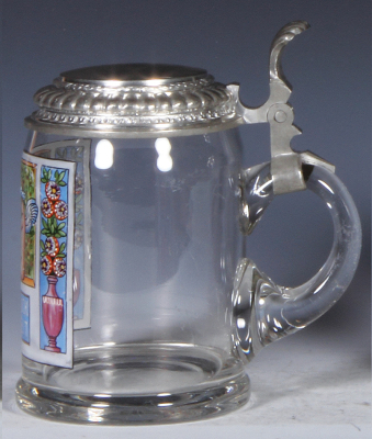 Glass stein, .5L, blown, clear, enameled, signed F. Ringer, Viel Glück, pewter lid, mint.             - 2