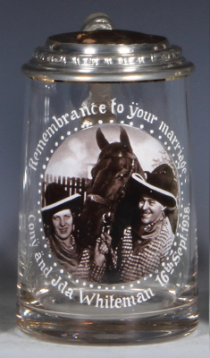 Glass stein, .5L, blown, photo, Remembrance of your marriage: Cony and Ida Whiteman, 16th Sept., 1938, in rear: Cowboy Club München 1913, relief copper inlaid lid: Indian, saddle thumblift, very rare and unusual, extremely fine condition, mint.