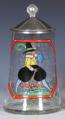 Glass stein, .5L, blown, hand-painted, signed F. Ringer, pewter lid, small flake on top rim.