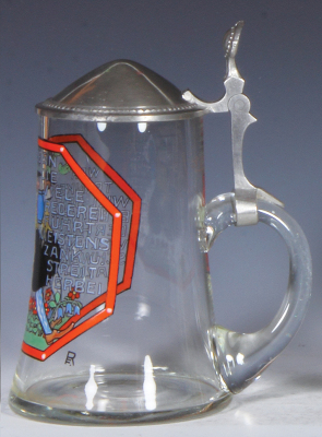 Glass stein, .5L, blown, hand-painted, signed F. Ringer, pewter lid, small flake on top rim. - 2