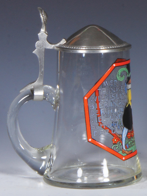 Glass stein, .5L, blown, hand-painted, signed F. Ringer, pewter lid, small flake on top rim. - 3