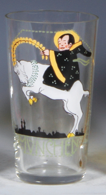 Glass beaker, .25L, blown, Munich Child riding on Bock, mint.