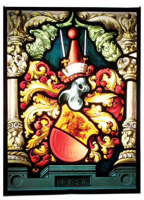 Glass window, 12.5" x 16.8", hand-painted & colored glass, coat-of-arms, excellent detail, two panels have some small cracks, overall good condition, displays well.