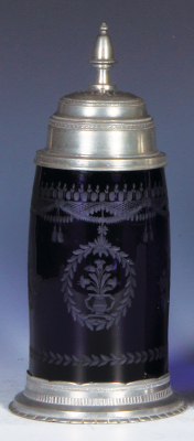 Glass stein, .5L, blown, early 1800s, deep purple color, wheel-engraved, pewter lid & base ring, excellent pewter repair, otherwise mint.