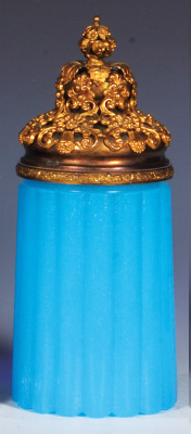 Glass stein, .5L, blown, blue opaline, ribbed pattern, gilded copper lid, mint.