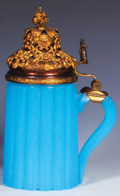 Glass stein, .5L, blown, blue opaline, ribbed pattern, gilded copper lid, mint. - 2