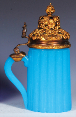 Glass stein, .5L, blown, blue opaline, ribbed pattern, gilded copper lid, mint. - 3