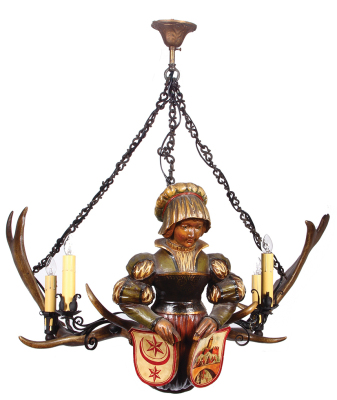 Black Forest Lüsterweibchen, 29.5” w. x 27.0” d. x 27.5” chain ring to bottom, made in Germany, early to mid 1900s, linden wood, wonderful painting, female with fish tail, metal lantern and lights have been professionally rewired & working properly, excel