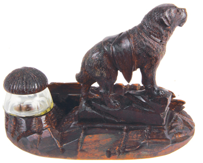 Black Forest dog pen rest woodcarving,  5.4" ht. x 7.3" w. x 4.8" d., carved in Switzerland, c.1910, linden wood, original ink bottle with cover, very good condition. - 3