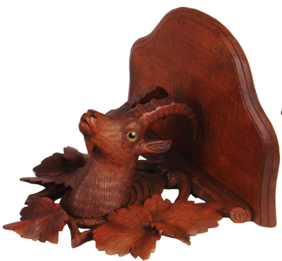 Black Forest Ibex shelf woodcarving, 8.0" ht. x 8.3" w x 6.0" d., carved in Switzerland, c.1910, linden wood, glass eyes, fabulous detail including fur, eyes and musculature, very good condition.