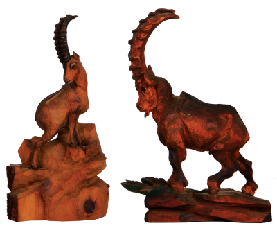 Two Black Forest Wood Carvings, mid 1900s, made in Germany, linden wood, Ibex, 13.0" x 6.8" x 2.4"; with, Ibex, 13.3" x 9.5" x  5.1", both in very good condition.