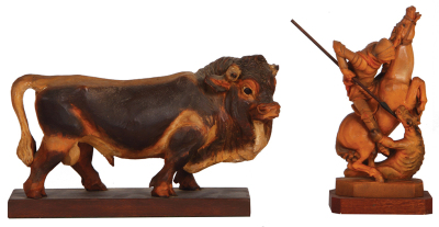 Two Black Forest Wood Carvings, mid 1900s, made in Germany, linden wood, steer, 8.0" x 13.2" x 3.8", a little color loss; with, St. George slaying Dragon, 10.4" x 5.9" x  3.4", both in very good condition.