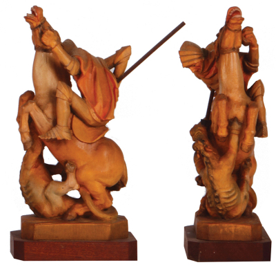 Two Black Forest Wood Carvings, mid 1900s, made in Germany, linden wood, steer, 8.0" x 13.2" x 3.8", a little color loss; with, St. George slaying Dragon, 10.4" x 5.9" x  3.4", both in very good condition. - 4