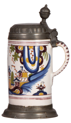 Faience stein, 9.7" ht., mid 1700s, Thüringer Walzenkrug, pewter lid & footring, very good condition. - 2