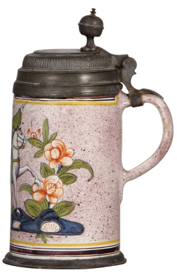 Faience stein, 9.4" ht., mid. 1700s, Erfurter Walzenkrug, pewter lid & footring, glaze chips on handle, three tight 1" lines. - 2