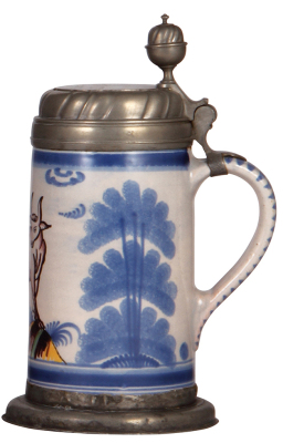 Faience stein, 10.1" ht., c.1770, Bayreuther Walzenkrug, pewter lid & footring, pewter touch mark, lid inscription dated 1789, pewter footring is a little rough, otherwise very good condition.  - 2