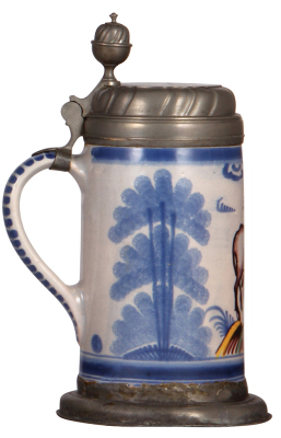 Faience stein, 10.1" ht., c.1770, Bayreuther Walzenkrug, pewter lid & footring, pewter touch mark, lid inscription dated 1789, pewter footring is a little rough, otherwise very good condition.  - 3