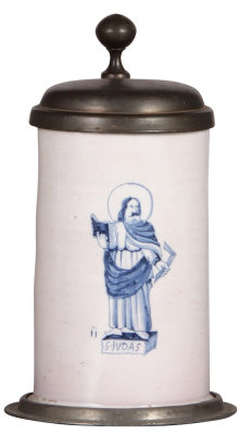 Faience stein, 9.6'' ht., mid 1700s, Hanauer or Nürnberger Walzenkrug, S. Judas [Saint Jude Thaddaeus], pewter lid & footring, two tight hairlines in rear, excellent repair of rim flakes, pewter strap repaired.