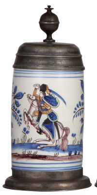 Faience stein, 11.0" ht., mid 1700s, Thüringer Walzenkrug, soldier on a horse, pewter lid & footring, very good condition. 