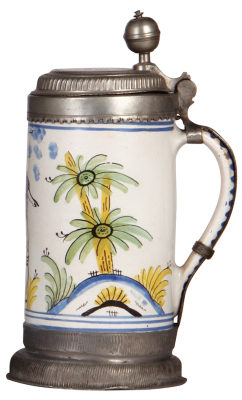 Faience stein, 10.0'' ht., late 1700s, Bayreuther Walzenkrug, pewter lid & footring, excellent repair of small chip on handle, two tight lines on side, some pewter repair. - 2