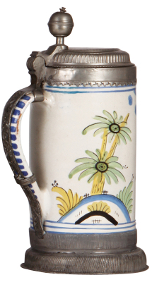 Faience stein, 10.0'' ht., late 1700s, Bayreuther Walzenkrug, pewter lid & footring, excellent repair of small chip on handle, two tight lines on side, some pewter repair. - 3