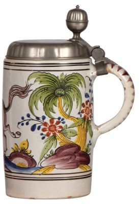 Faience stein, 11.4'' ht., mid 1700s, Thüringer Walzenkrug, pewter lid, very good condition. - 2