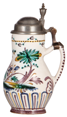 Faience stein, 9.7" ht., c.1800s, Österreichischer Birnkrug, pewter lid, excellent pewter repair, two small base chips, very good condition. - 2