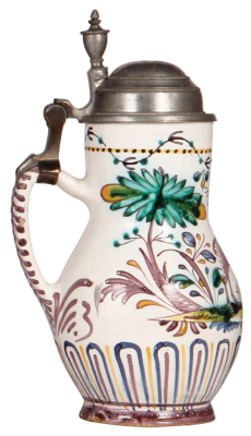 Faience stein, 9.7" ht., c.1800s, Österreichischer Birnkrug, pewter lid, excellent pewter repair, two small base chips, very good condition. - 3