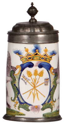 Faience stein, 9.3" ht., late 1700s, Crailsheimer Walzenkrug, Brewer Occupation, pewter lid dated 1794 & footring, excellent repair of two 2" tight hairlines.            