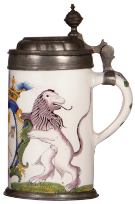 Faience stein, 9.3" ht., late 1700s, Crailsheimer Walzenkrug, Brewer Occupation, pewter lid dated 1794 & footring, excellent repair of two 2" tight hairlines.             - 2