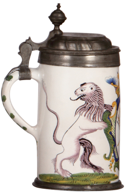 Faience stein, 9.3" ht., late 1700s, Crailsheimer Walzenkrug, Brewer Occupation, pewter lid dated 1794 & footring, excellent repair of two 2" tight hairlines.             - 3