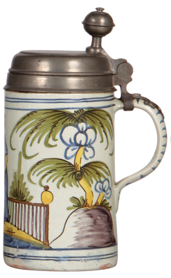 Faience stein, 8.8'' ht., mid 1700s, Dresdner Walzenkrug, pewter lid, very good condition. - 2