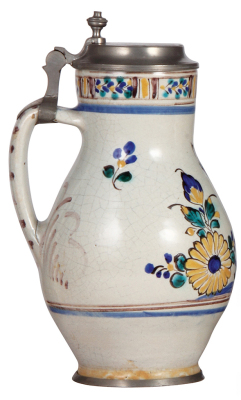 Faience stein, 10.6" ht., late 1700s, Österreichischer Birnkrug, pewter lid & footring, base chip, otherwise very good condition. - 3