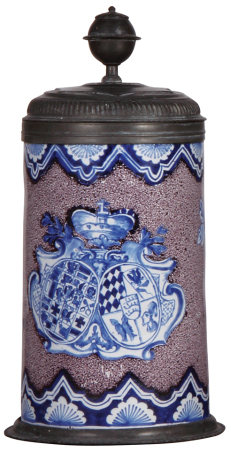 Faience stein, 1.0L, 10.2" ht., c.1760, Nürnberger Walzenkrug, coat-of-arms, pewter lid & footring, very good condition.