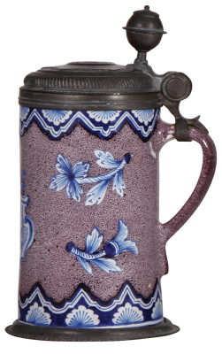 Faience stein, 1.0L, 10.2" ht., c.1760, Nürnberger Walzenkrug, coat-of-arms, pewter lid & footring, very good condition. - 2