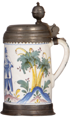 Faience stein, 10.0'' ht., late 1700s, Thüringer Walzenkrug, pewter lid & footring, tight 2'' hairline on side, excellent handle repair. - 2