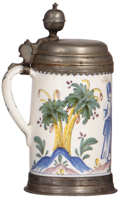 Faience stein, 10.0'' ht., late 1700s, Thüringer Walzenkrug, pewter lid & footring, tight 2'' hairline on side, excellent handle repair. - 3