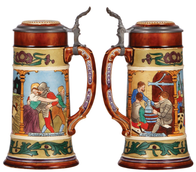 Pottery stein, .5L, etched, marked J.W.R., 896, by J.W. Remy, inlaid lid, mint. - 2